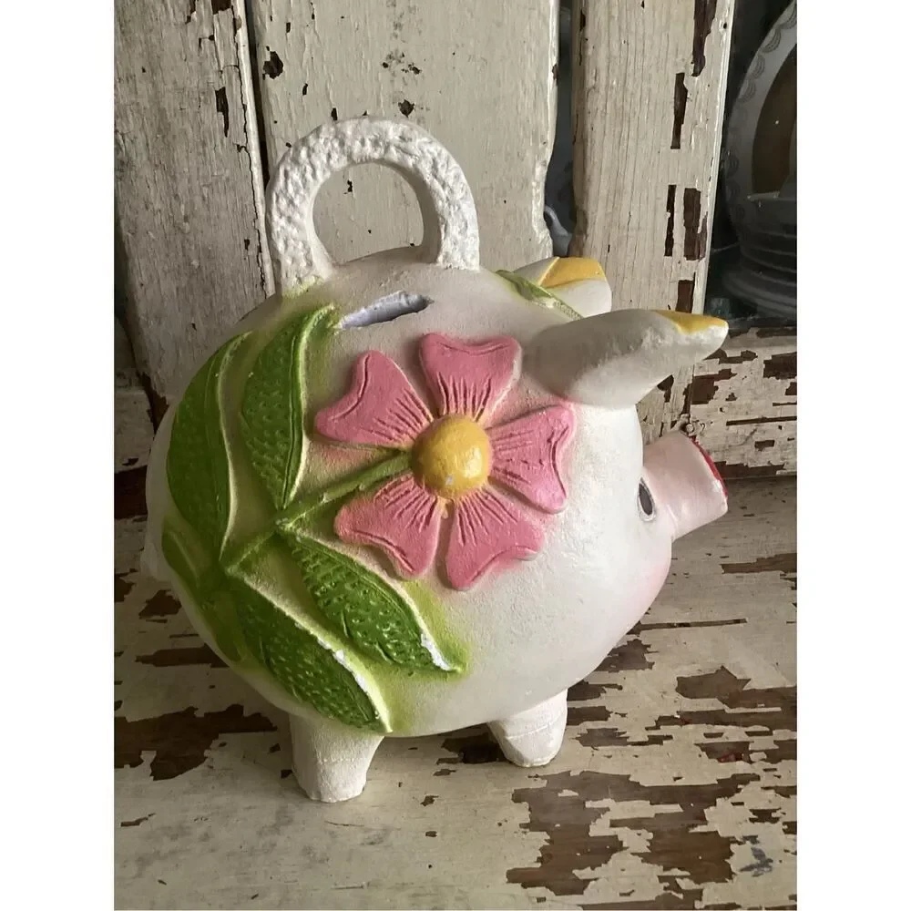 Mexico Folk Art Chalkwsre Plaster Piggy Bank Handmade 1970s Flowers